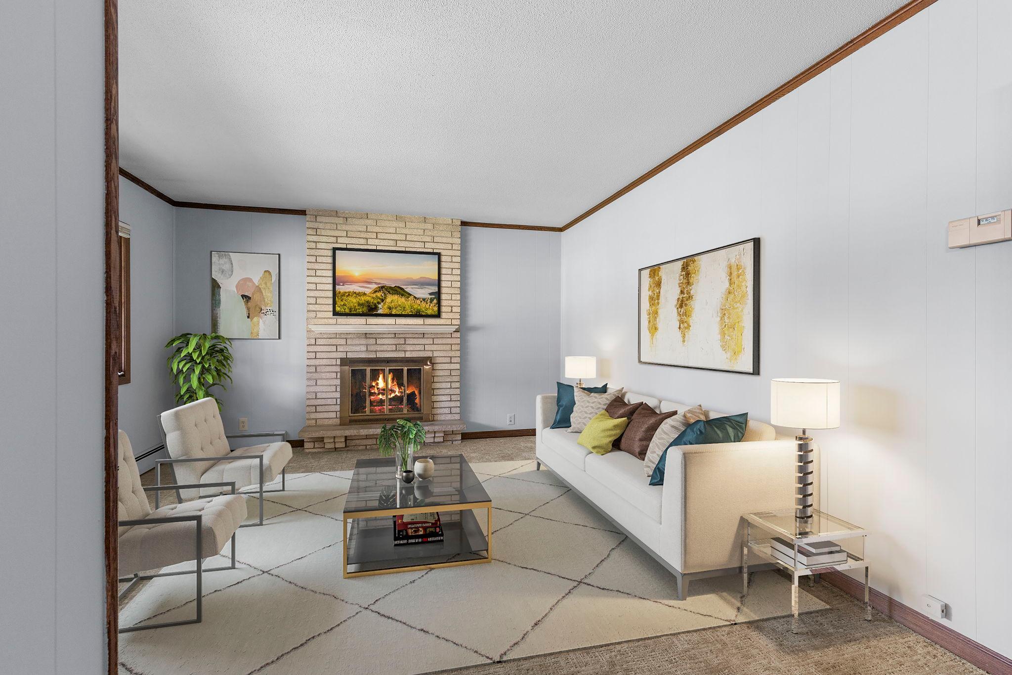 Wood burning fireplace in Family Room-Virtually staged