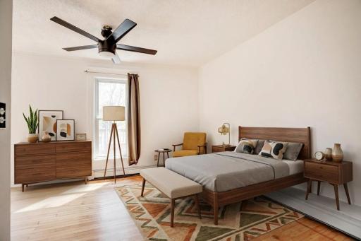 Virtually staged primary bedroom facing upper deck.