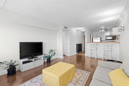Brightly lit living and dining area