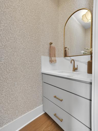 Powder bath with stunning wall paper and 12" quarts splash