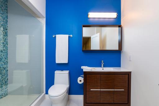 The lower level bathroom has a walk-in tile shower, perfect for older guests.
