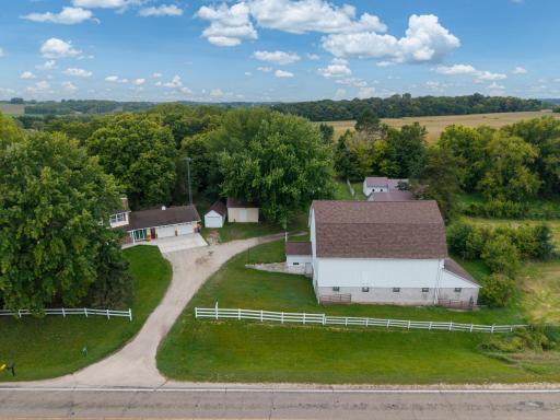 Aerial view of the home and some of the out-buildings.