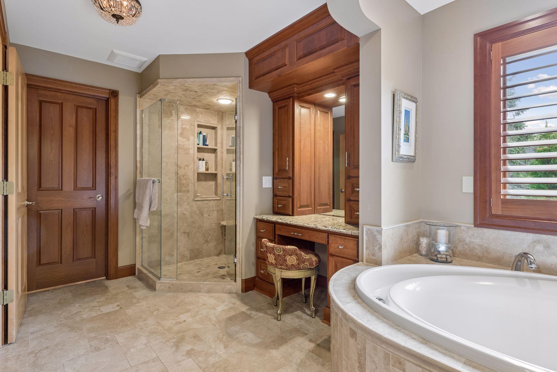 Spacious shower and 3 vanities