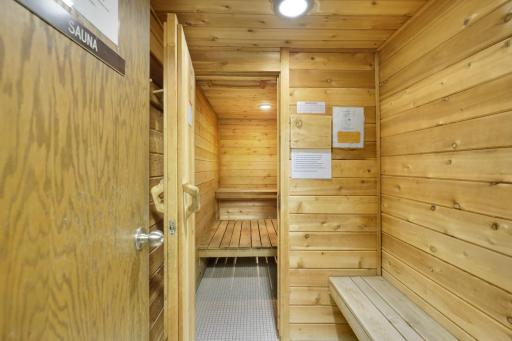 Relax and unwind in the buildingâs wood-paneled sauna, a wonderful amenity available for residents to enjoy.