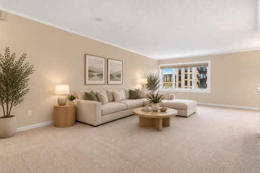 Virtually staged living room showcasing the generous room dimensions, abundant natural light, neutral finishes, and flexible space for a large seating arrangement.