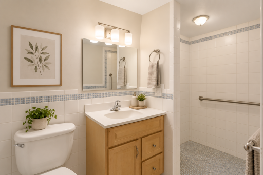 Virtually staged bathroom featuring a walk-in tiled shower, wood vanity, large mirror, and neutral finishes with subtle blue tile accents.