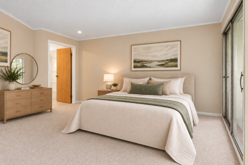 Virtually staged primary bedroom showcasing the spacious layout, neutral finishes, abundant natural light, and room for a comfortable bedroom suite.