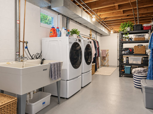 Laundry fits into life at home. Front-loading machines, a utility sink and room to hang clothes make this lower-level area a practical place to wash, air-dry and keep supplies together.