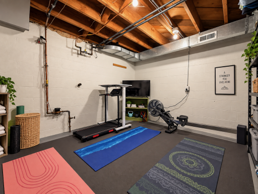 Fit a workout into your day without leaving home. Currently arranged for cardio and stretching, this lower-level space shows room for exercise equipment and mats, apart from the main living areas.