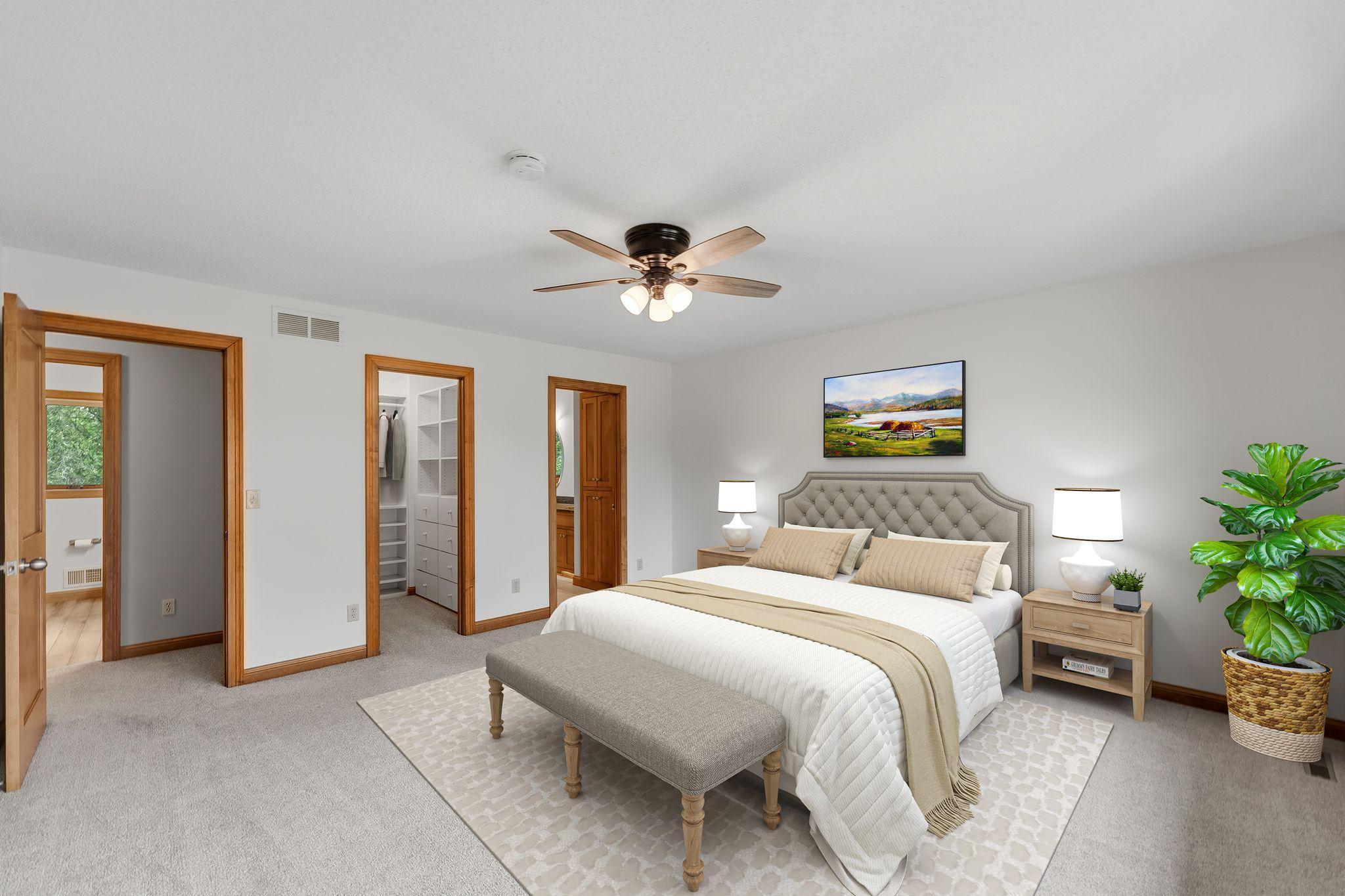 Let's head upstairs to check out 3 bedrooms and 2 bathrooms on the upper level!!! Here's the Primary Bedroom on upper level. *Virtually Staged*