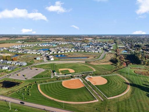 Large baseball fields at the front of the neighborhood