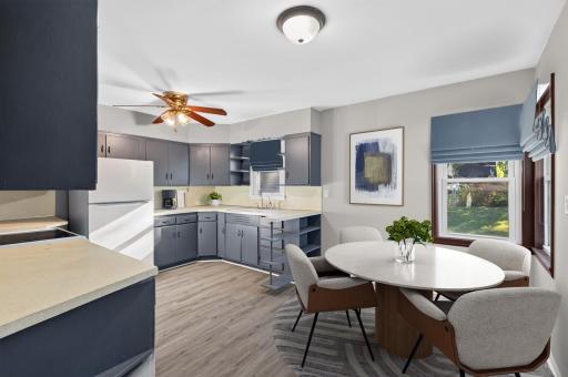 The kitchen flows directly into the dining area, creating an easy everyday setup for meals and entertaining.