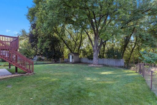 Spacious backyard surrounded by mature trees, offering plenty of room for outdoor activities, gardening, or relaxing.