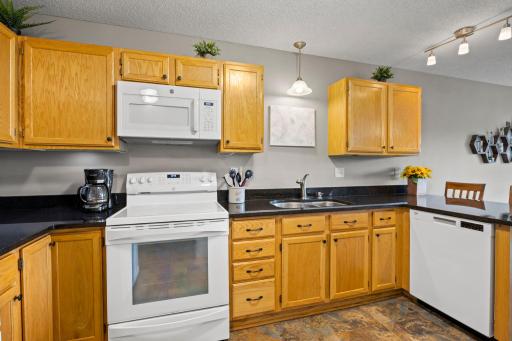 Double sink and dishwasher, lots of counter and cabinet sapce