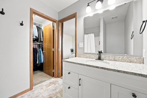 Updated Primary Bathroom with shower and walk-in closet with custom shelving.