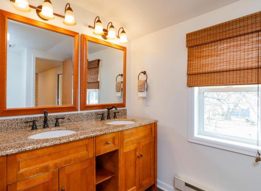 There is plenty of space to get ready with the large vanity and dual sinks!