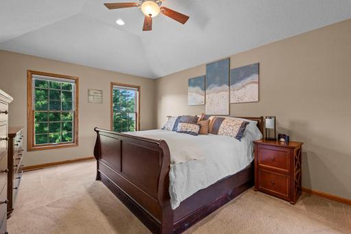 Spacious primary bedroom features an elegant tray ceiling and abundant natural light.
Top-down/bottom-up window shades provide flexible light control and privacy.