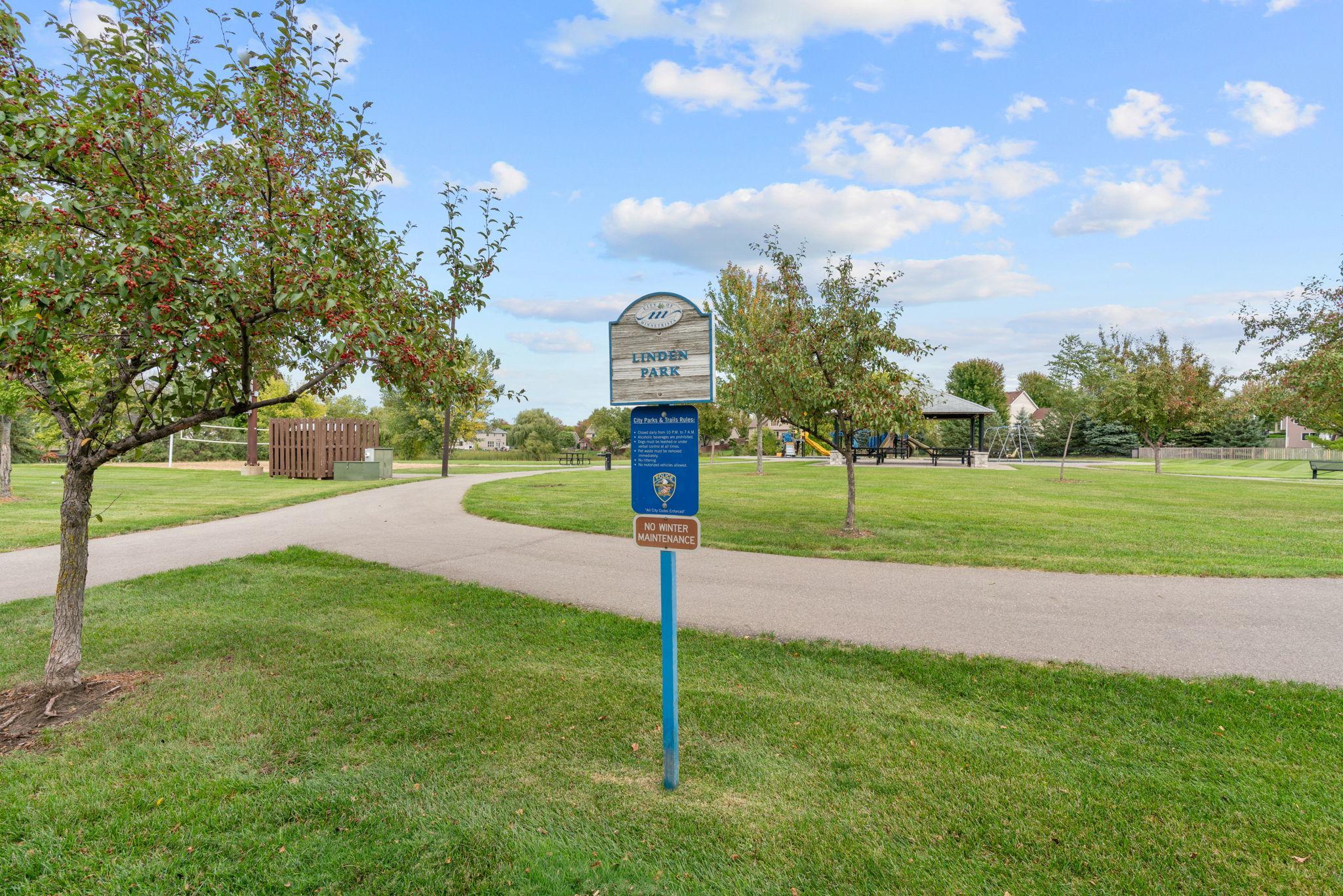 2 neighborhood parks—Linden Park + Shirley Park—with tennis courts, baseball fields, playgrounds, picnic areas + paved walking paths, plus past summer activities including Tuesday food trucks.