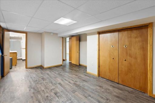 Lower-level bedroom features a large double closet and convenient access to the 3/4 bathroom.