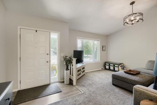 The home has white woodwork, light grey walls, and grey carpeting in the Living Room.