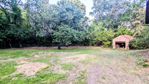 Back yard with an old shed.