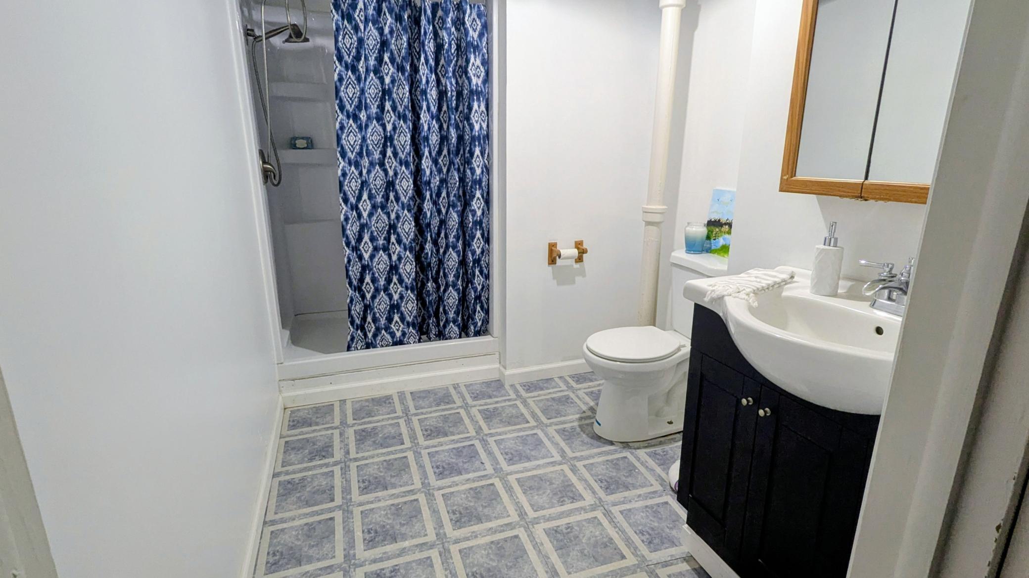 Lower Level Bathroom with unfinished ceiling for pipe access.