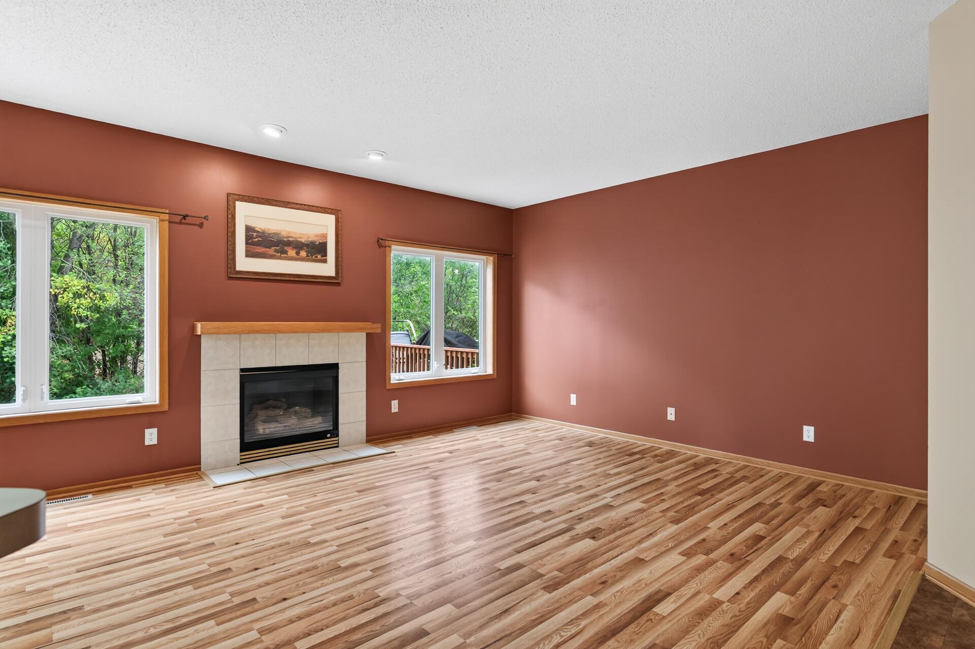 Large living room with gas fireplace