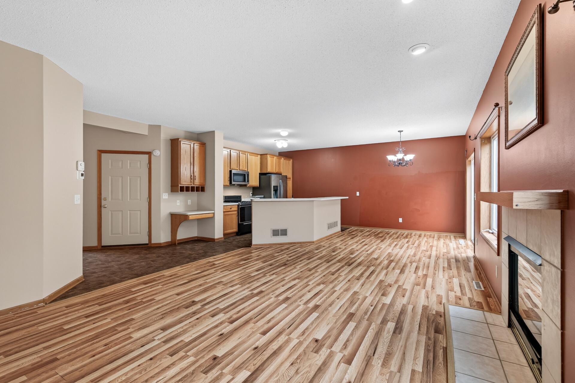 Dining area with desk, bar height counter