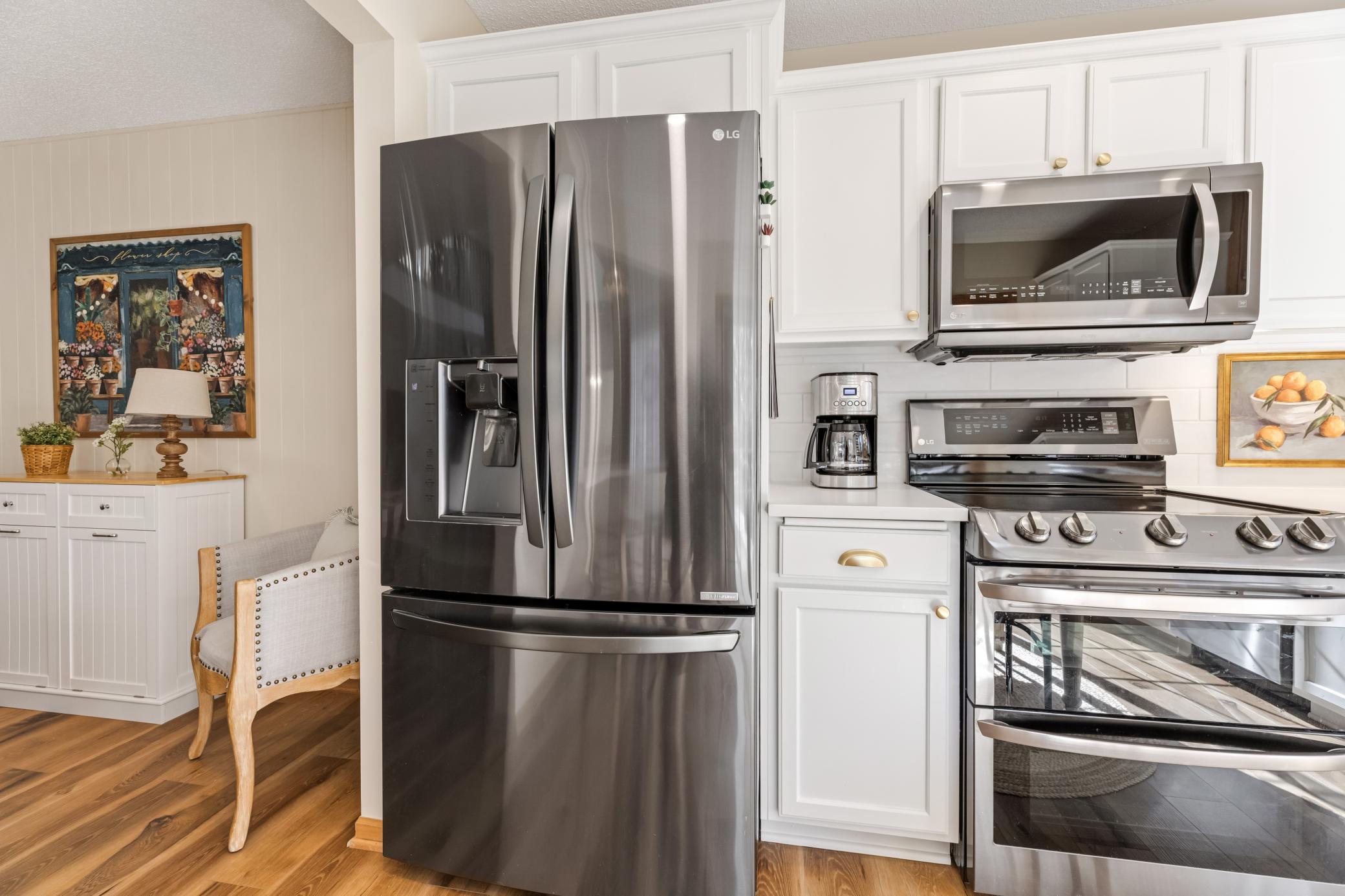Stainless steel appliances create a clean, cohesive look that is easy to maintain.