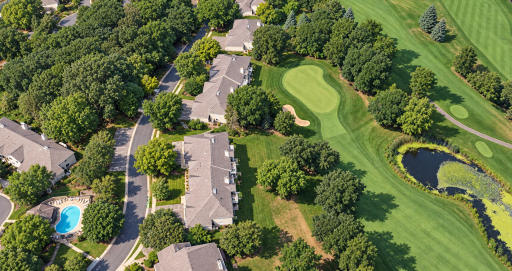 Birdâs-eye view highlighting the homeâs location with golf course views, 1min walk to community pool. Virtually enhanced.