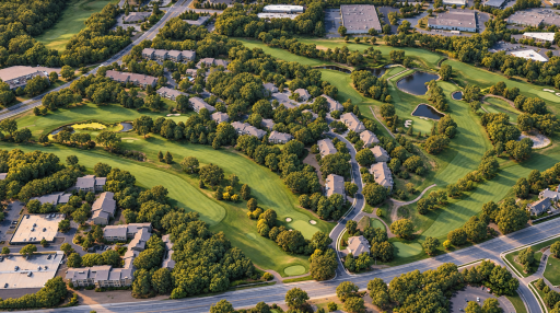 Aerial view showcasing the nearby golf course, mature landscaping, and peaceful residential setting surrounding 14358 Fairway Drive. Virtually enhanced.