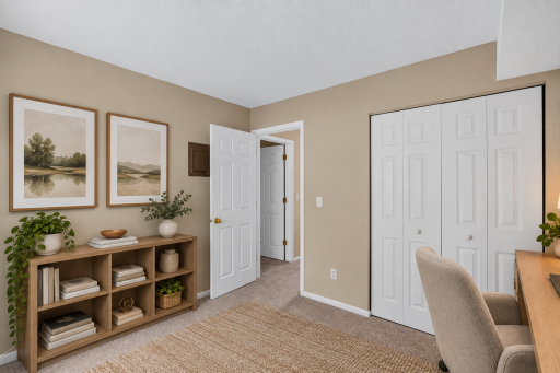 Bright second bedroom, ideal for a home office, guest room or flex space. Digitally Staged