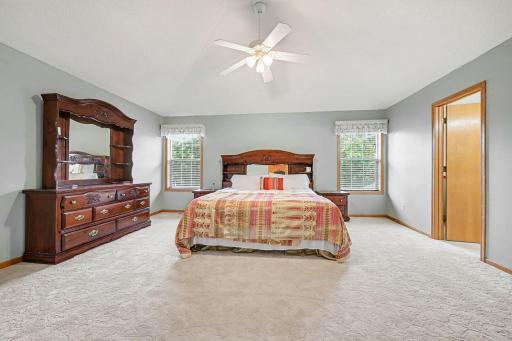 Primary bedroom with tray vault ceiling, newer carpet.