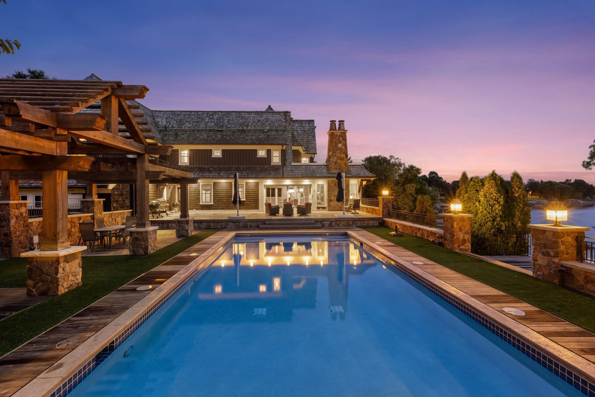 Heated outdoor pool at dusk