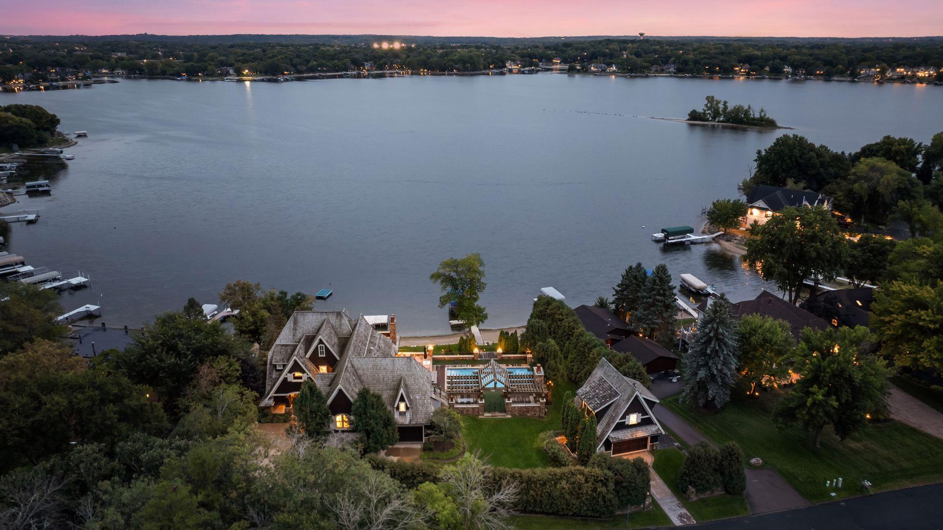 Aerial view of the estate and lakefront setting