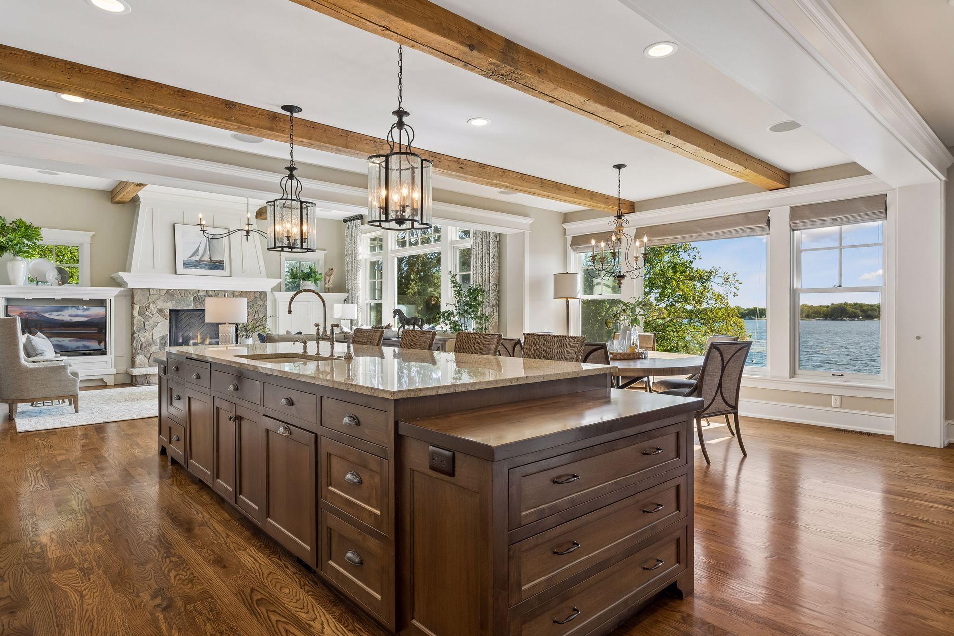 Kitchen angle highlighting cabinetry/island/lake connection