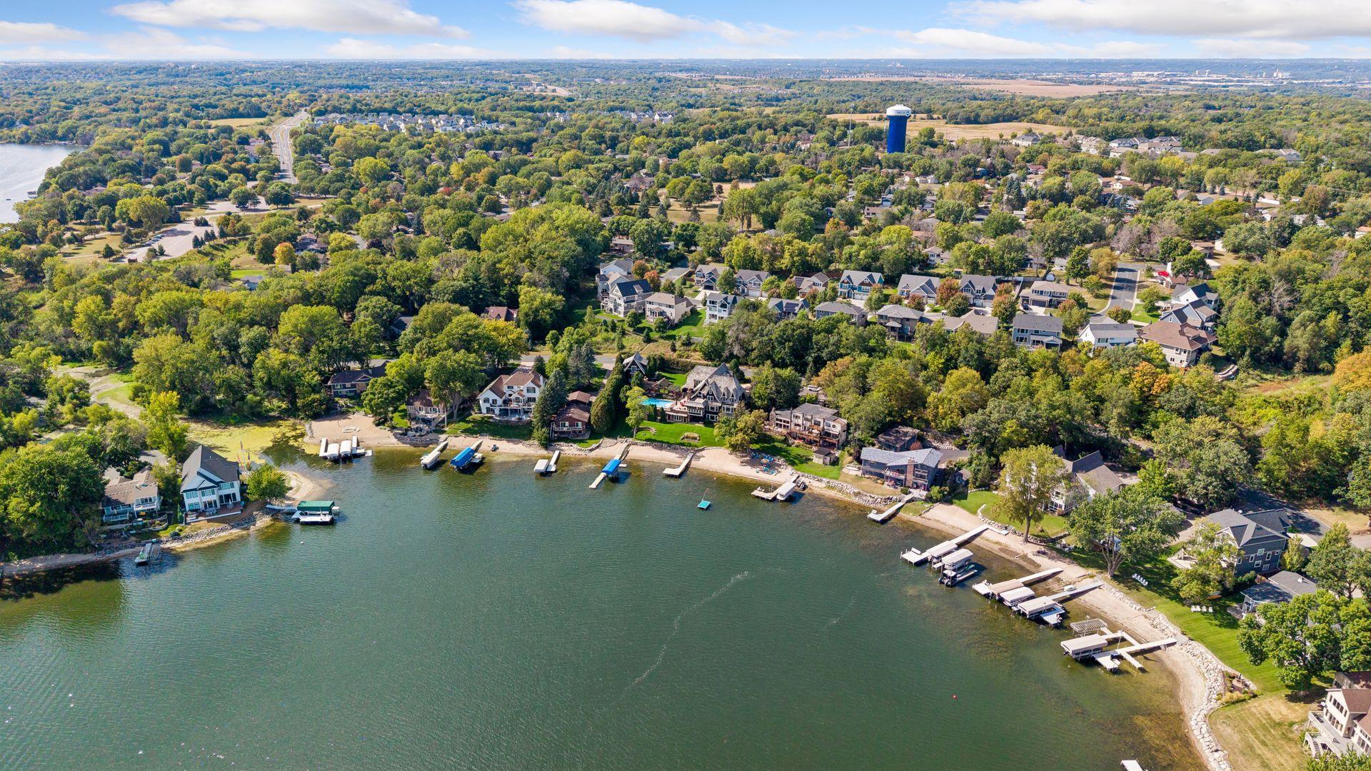 Aerial view of the Prior Lake shoreline and neighborhood