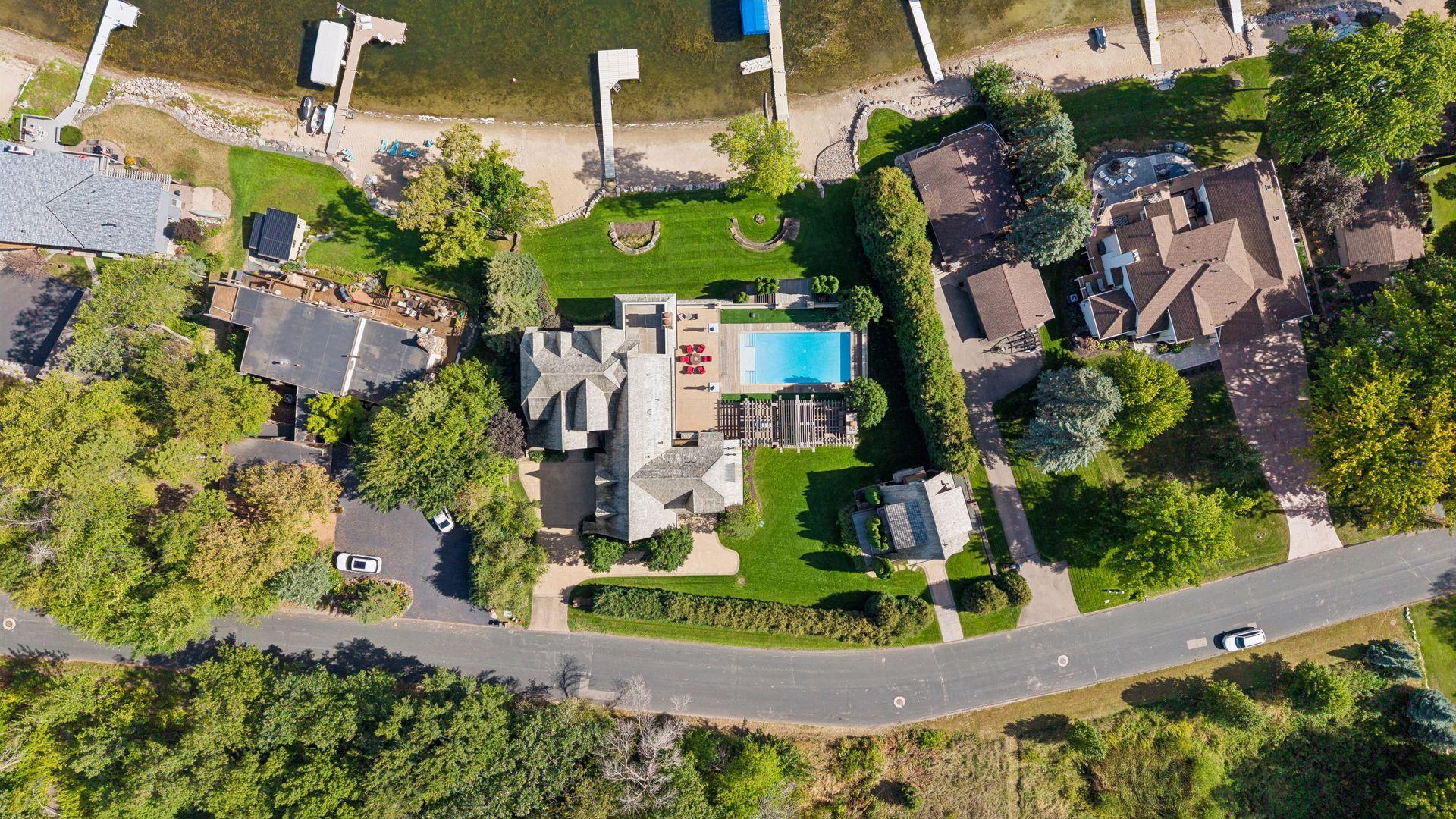 Overhead view of the pool and outdoor entertaining areas
