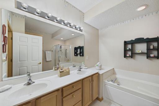 Primary bathroom with two sink vanity and tons of space