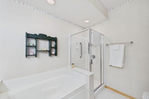 Primary bathroom with soaking tub and stand up shower