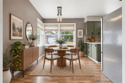 Virtually staged dining room space adjacent to the kitchen