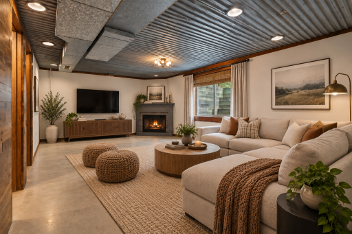 Virtually staged family room in the lower level displays a cozy space to unwind and spread out!