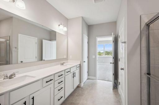 Massive double bowl vanity provides ample storage and bathroom counterspace for your everyday routine. *Picture is of model home; actual finishes may vary.
