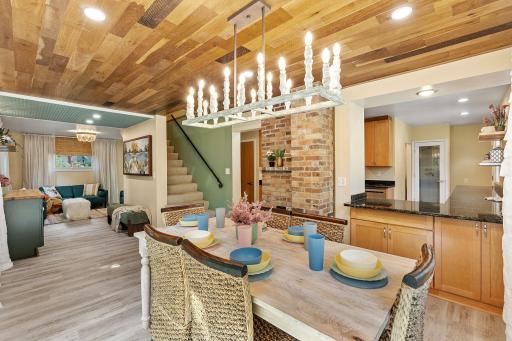 Stunning dining room with custom wood ceilings