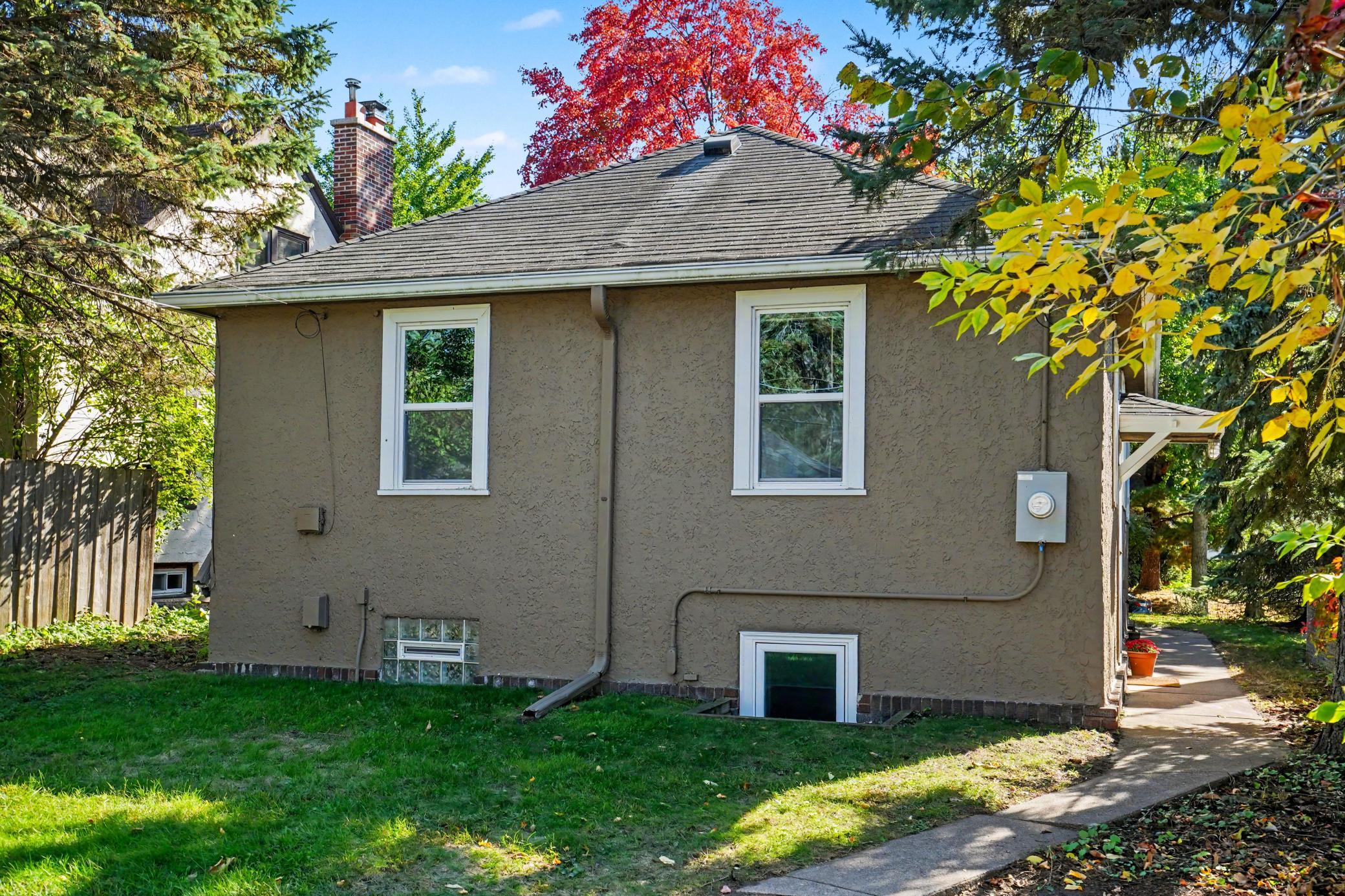 Rear exterior of stucco house