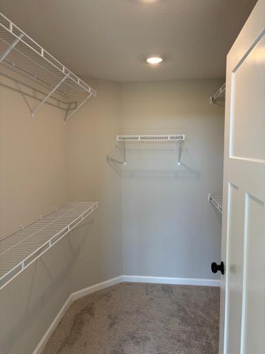 A big walk-in closet with plenty of shelving to go around.