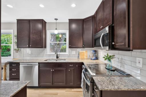 Nicely updated kitchen overlooking the backyard