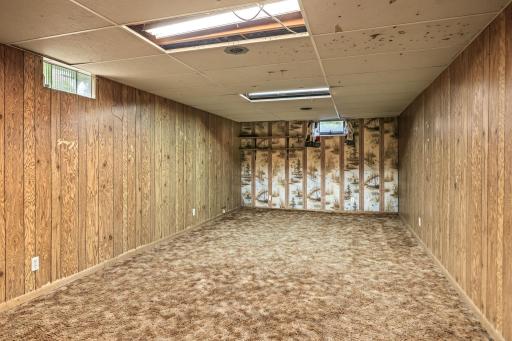 Lower-level recreation room featuring wood-paneled walls, patterned carpeting, fluorescent lighting, and generous open space ready to finished and updated