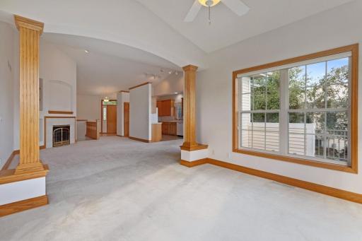 Sunroom looking towards living with handsome pillars