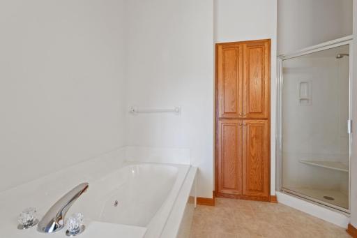 Master bath with whirlpool jetted tub and separate shower.